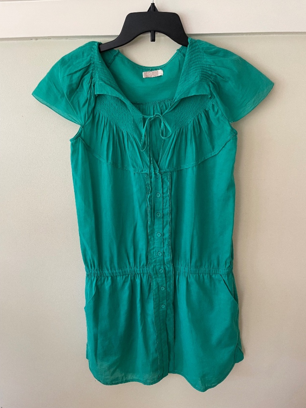 Boutique Emerald Green Smocked Peasant Mini Dress Tunic Pocket Small